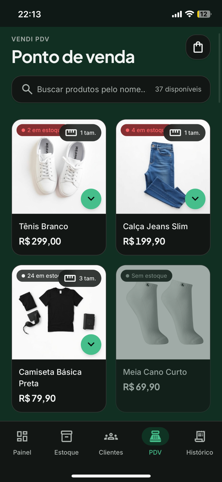 Tela de PDV no app Vendi